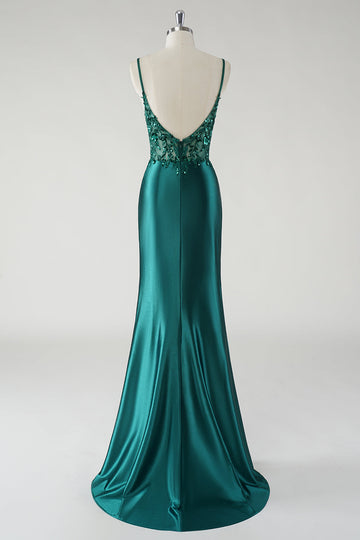 Sparkly Dark Green Mermaid Spaghetti Straps Prom Dress with Slit
